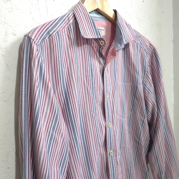 Tommy Bahama | Men's Striped Pink and Blue Button Down Shirt - Picture 4 of 10